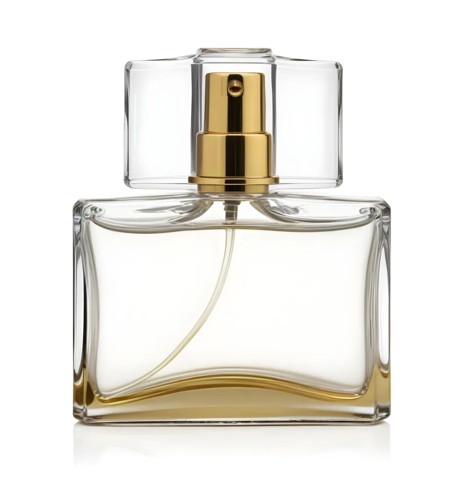 A Perfume Bottle With A Golden Cap And A White Sprayer On A White Background 20 8cfa