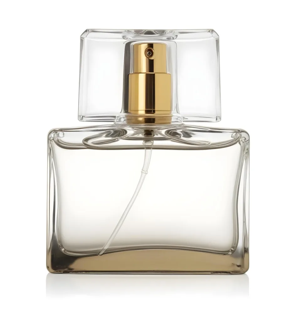 A Perfume Bottle With A Golden Cap And A White Sprayer On A White Background 27 9f46