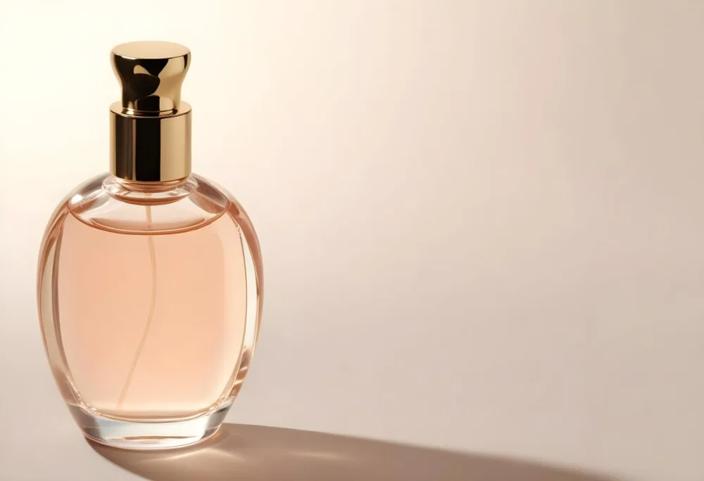 A Perfume Bottle With A Golden Cap Filled With A Light Pink Liquid Casting A Soft Shadow On A Plain Light Beige Background 21 71bd