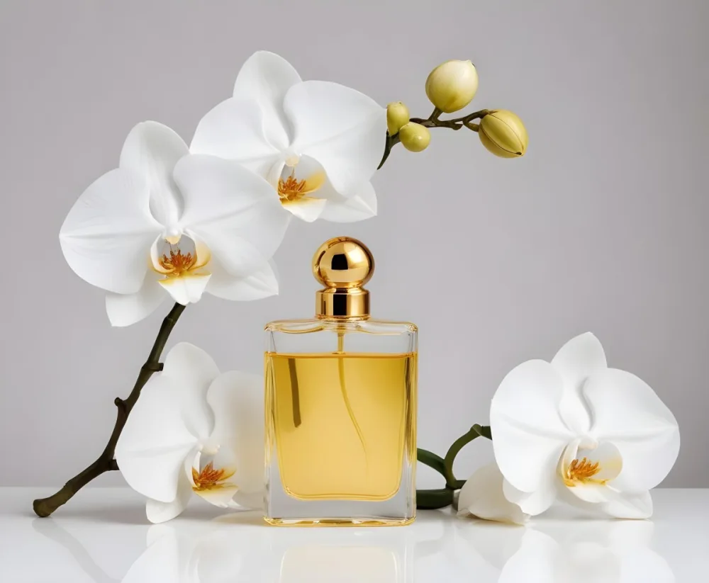 A Perfume Bottle With A Golden Cap Filled With Golden Liquid Next To A White Orchid On A White Background 39 8d93