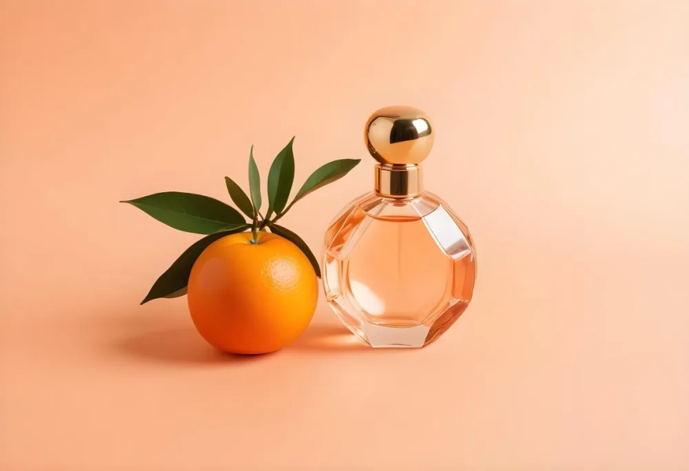 A Perfume Bottle With A Golden Cap Next To A Tangerine With Green Leaves On A Peach Background 23 Fb3b
