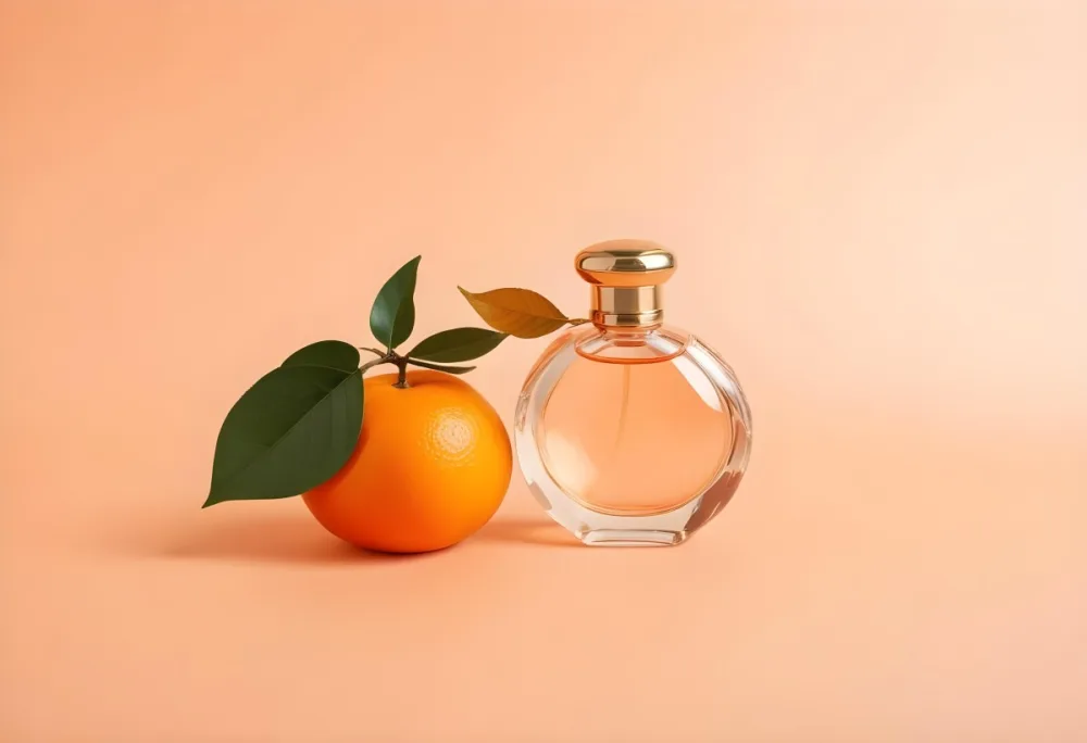 A Perfume Bottle With A Golden Cap Next To A Tangerine With Green Leaves On A Peach Background 31 85b7