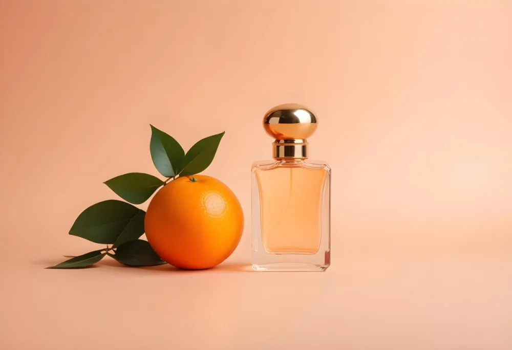 A Perfume Bottle With A Golden Cap Next To A Tangerine With Green Leaves On A Peach Background 8 B634