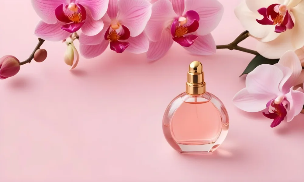 A Perfume Bottle With A Golden Cap Next To Pink Orchids On A Pink Background Soft Lighting Minimalist Composition Elegant Beauty Product Feminine 30 E425