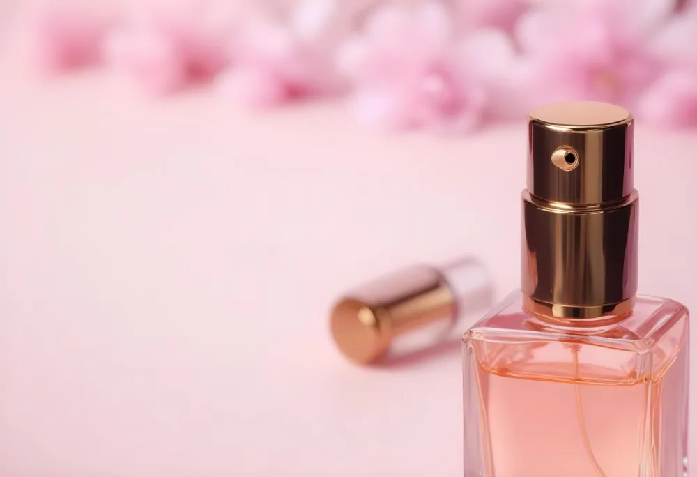 A Perfume Bottle With A Golden Cap Pink Liquid Inside Blurred Pink Flowers In The Background 29 4827