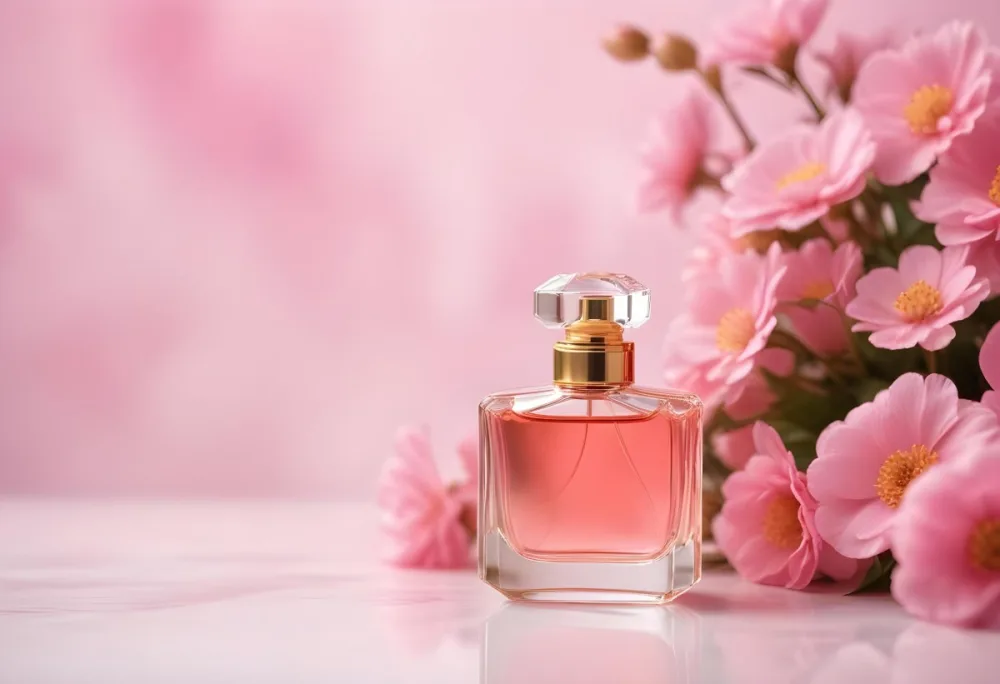 A Perfume Bottle With A Golden Cap Pink Liquid Inside Blurred Pink Flowers In The Background 37 666f