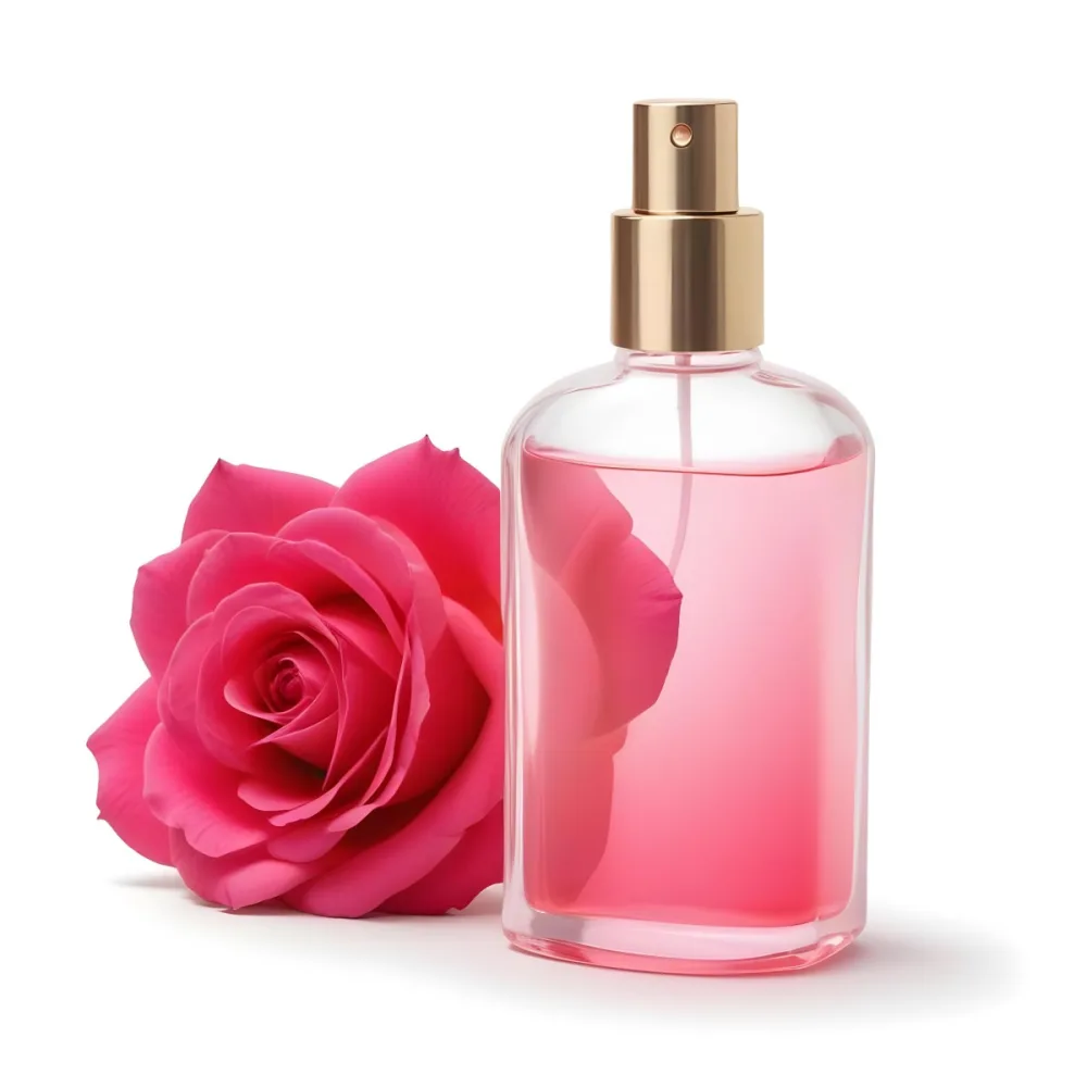 A Perfume Bottle With A Golden Cap Pink Liquid Inside Blurred Pink Flowers In The Background 5 Aed2