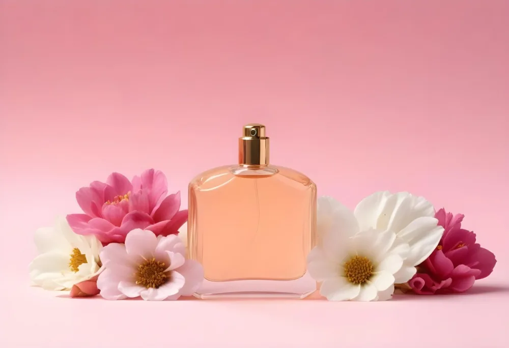 A Perfume Bottle With A Golden Cap Surrounded By Pink And White Flowers On A White Background 22 De3f