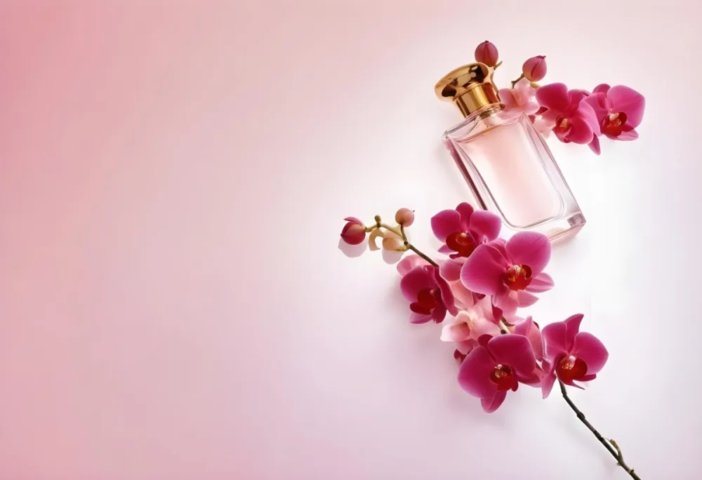 A Perfume Bottle With A Golden Cap Surrounded By Pink Orchid Flowers Placed On A Light Pink Background Product Photography 26 2435
