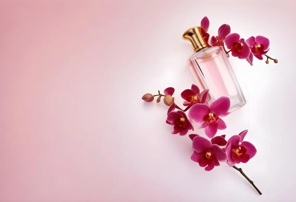 A Perfume Bottle With A Golden Cap Surrounded By Pink Orchid Flowers Placed On A Light Pink Background Product Photography 28 0ca2