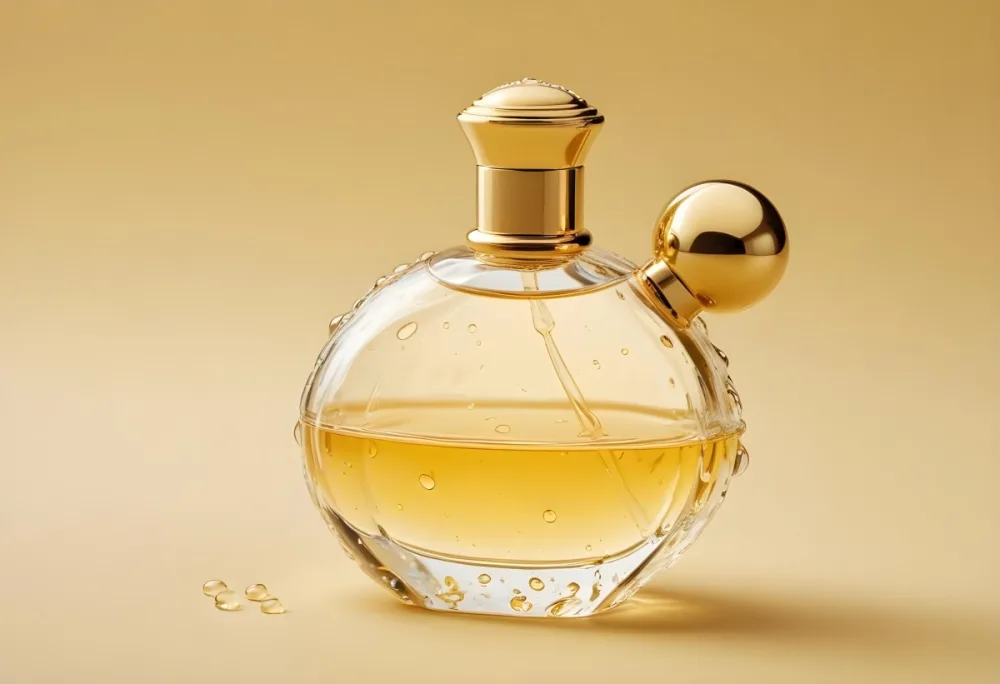 A Perfume Bottle With A Golden Cap Water Drops On The Surface The Liquid Inside Is A Light Yellow Color Plain Background 2 F4b5