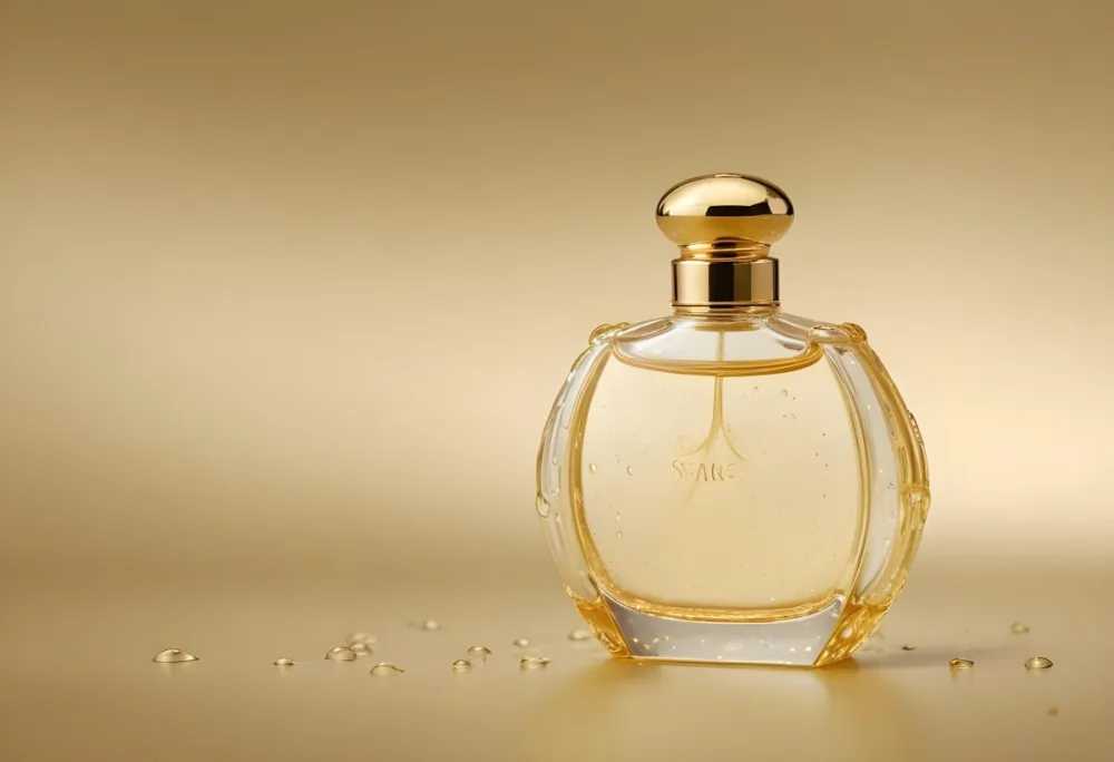A Perfume Bottle With A Golden Cap Water Drops On The Surface The Liquid Inside Is A Light Yellow Color Plain Background 20 C976