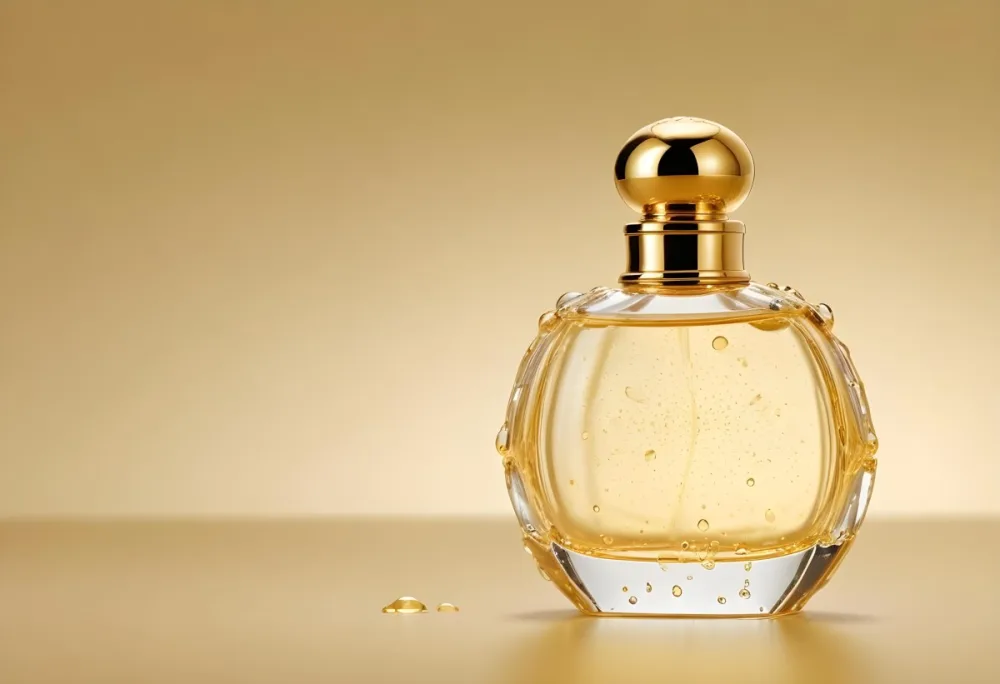 A Perfume Bottle With A Golden Cap Water Drops On The Surface The Liquid Inside Is A Light Yellow Color Plain Background 23 3862