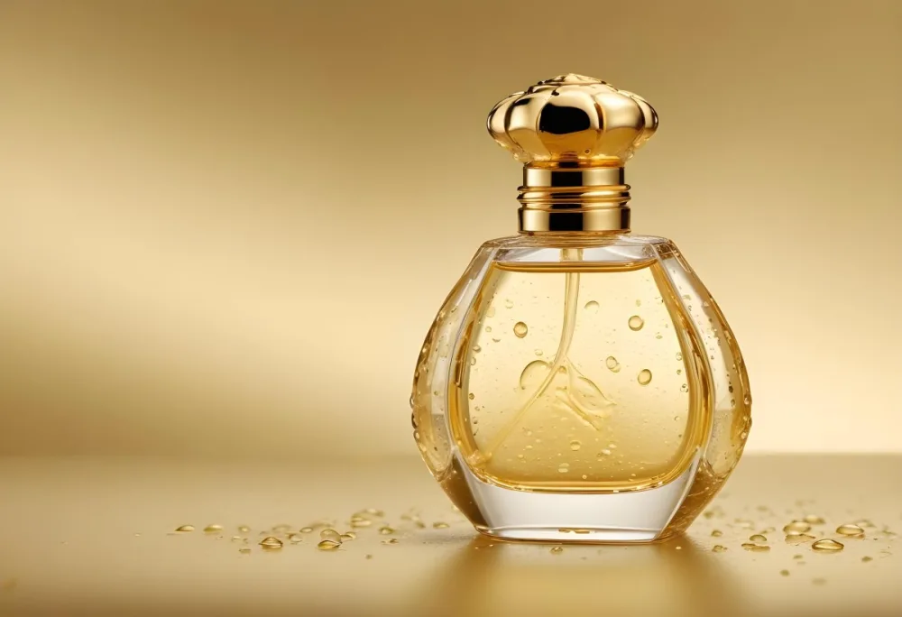 A Perfume Bottle With A Golden Cap Water Drops On The Surface The Liquid Inside Is A Light Yellow Color Plain Background 25 Faa5