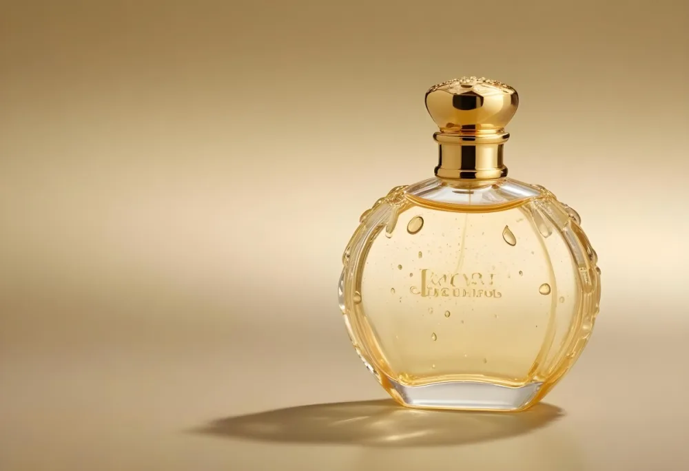 A Perfume Bottle With A Golden Cap Water Drops On The Surface The Liquid Inside Is A Light Yellow Color Plain Background 27 020d
