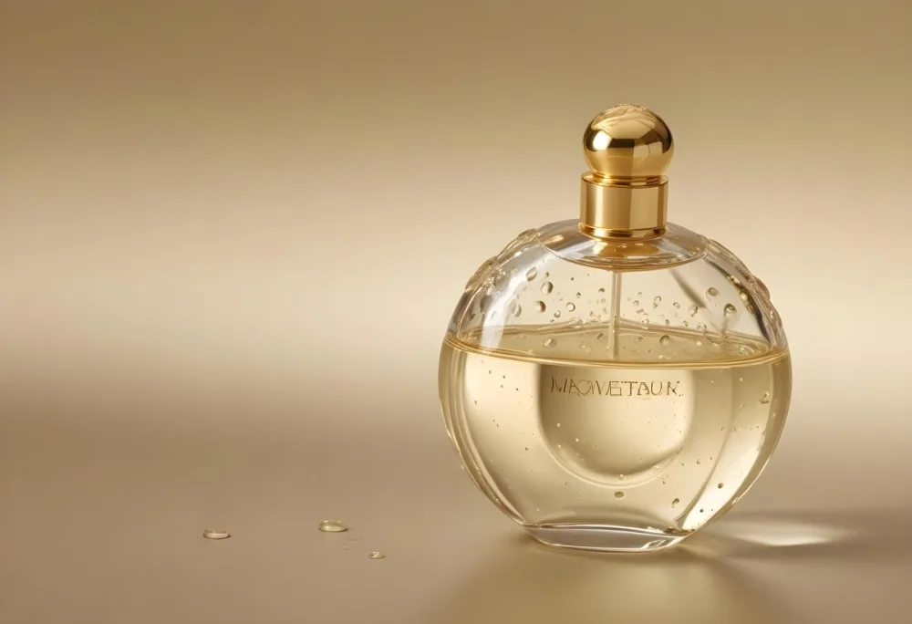 A Perfume Bottle With A Golden Cap Water Drops On The Surface The Liquid Inside Is A Light Yellow Color Plain Background 3 3372