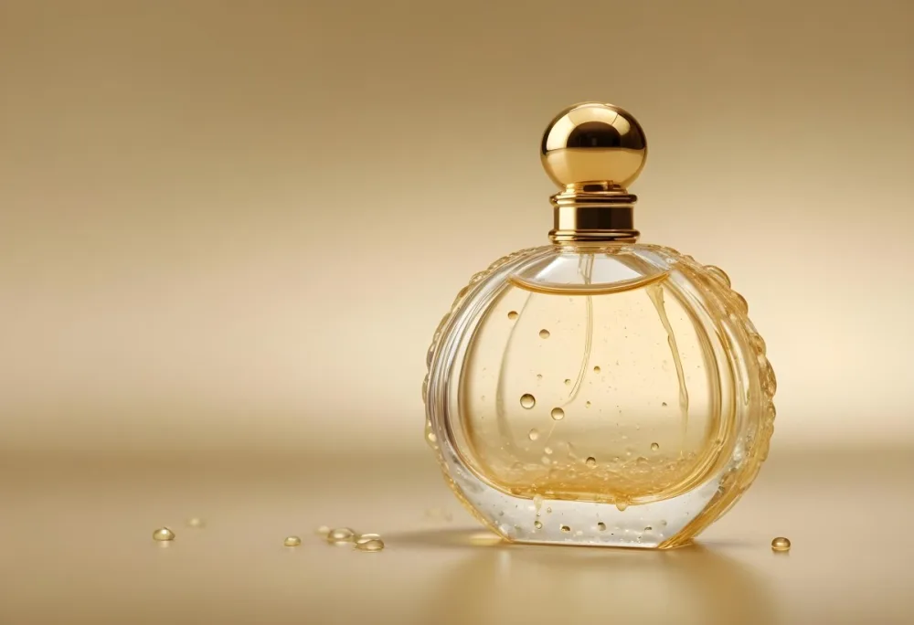 A Perfume Bottle With A Golden Cap Water Drops On The Surface The Liquid Inside Is A Light Yellow Color Plain Background 32 2428
