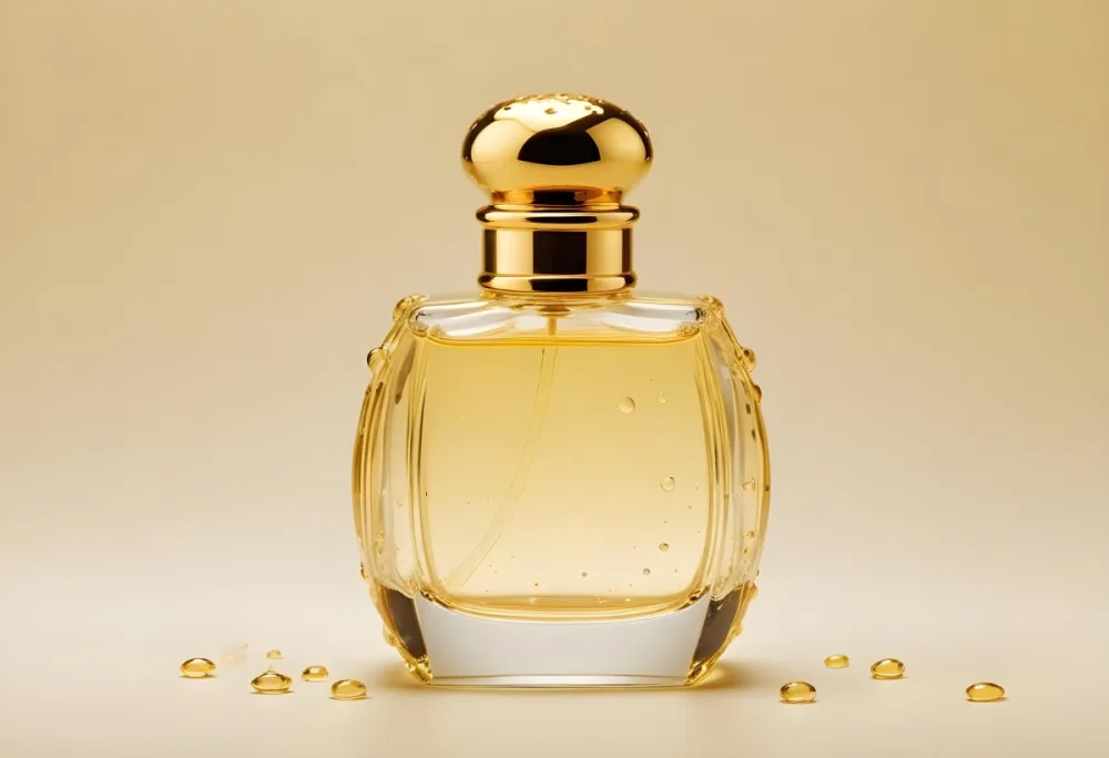 A Perfume Bottle With A Golden Cap Water Drops On The Surface The Liquid Inside Is A Light Yellow Color Plain Background 4 9ecb