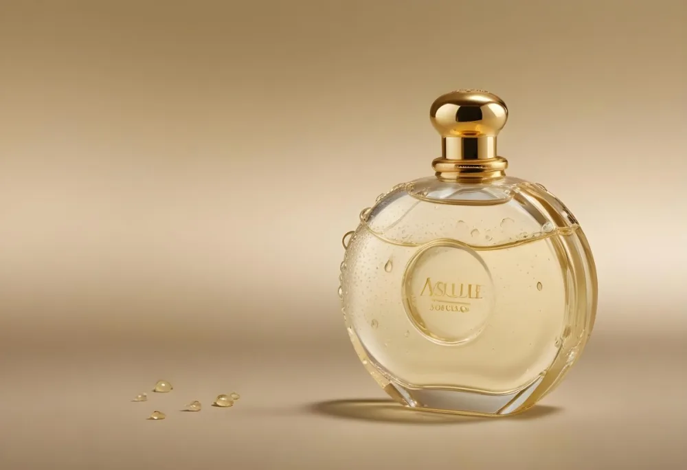A Perfume Bottle With A Golden Cap Water Drops On The Surface The Liquid Inside Is A Light Yellow Color Plain Background 5 9b7e
