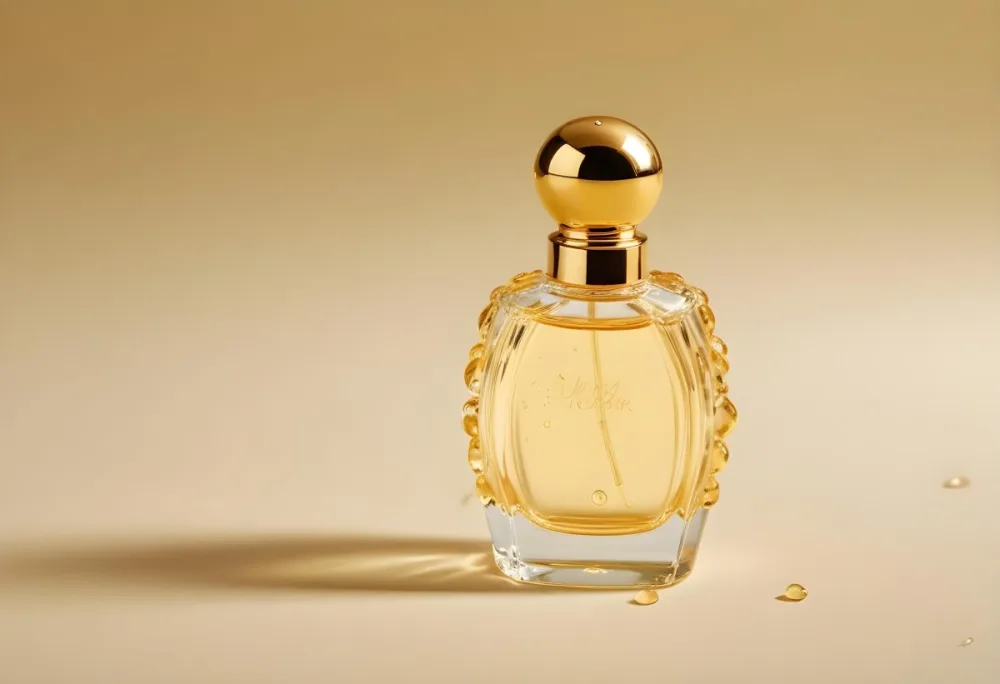 A Perfume Bottle With A Golden Cap Water Drops On The Surface The Liquid Inside Is A Light Yellow Color Plain Background 6 Aa0b