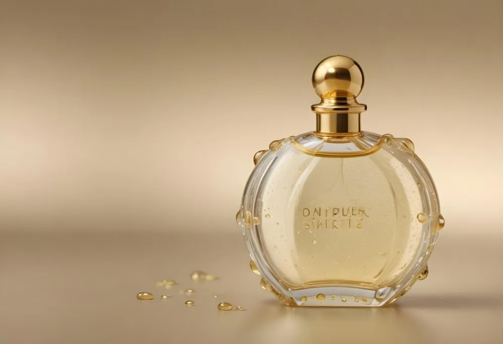 A Perfume Bottle With A Golden Cap Water Drops On The Surface The Liquid Inside Is A Light Yellow Color Plain Background 7 8d8e