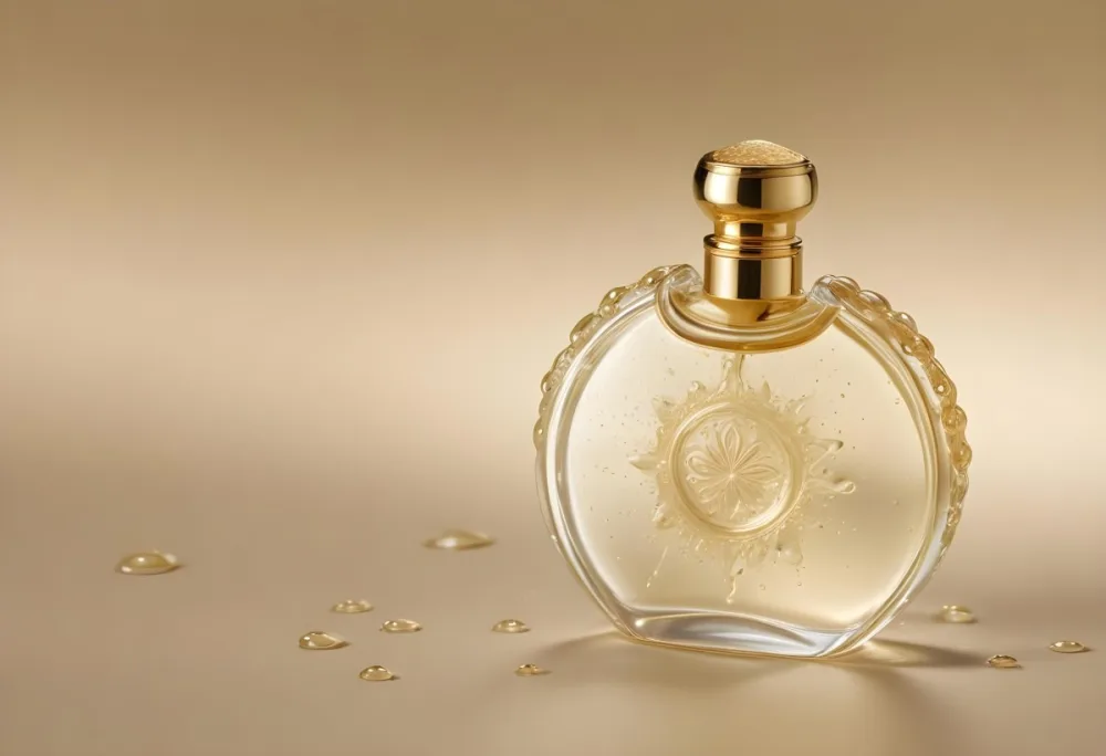 A Perfume Bottle With A Golden Cap Water Drops On The Surface The Liquid Inside Is A Light Yellow Color Plain Background 9 38a5