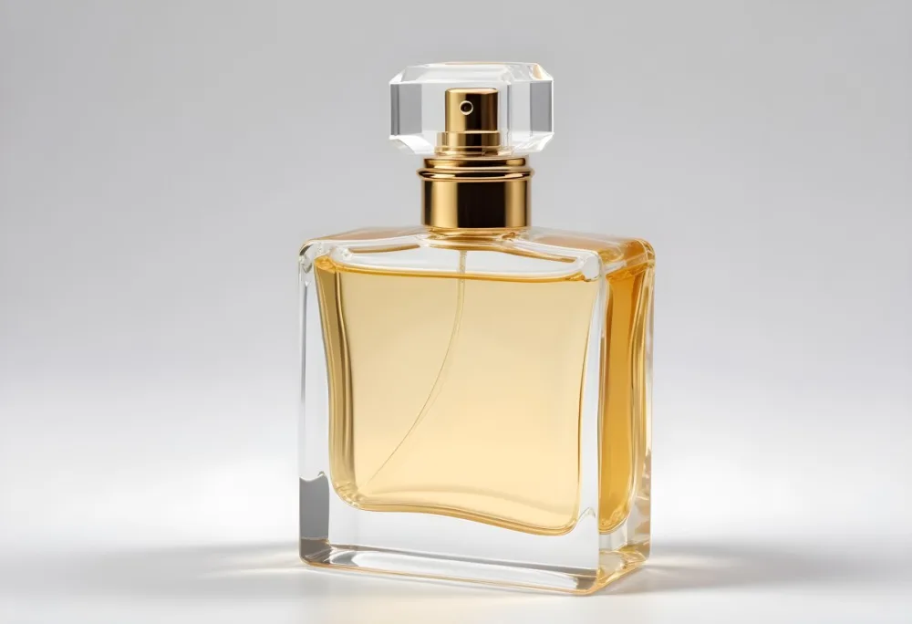 A Perfume Bottle With A Golden Liquid Inside The Bottle Is Clear And Square Shaped With A White Cap Isolated On A White Background 30 D8c4