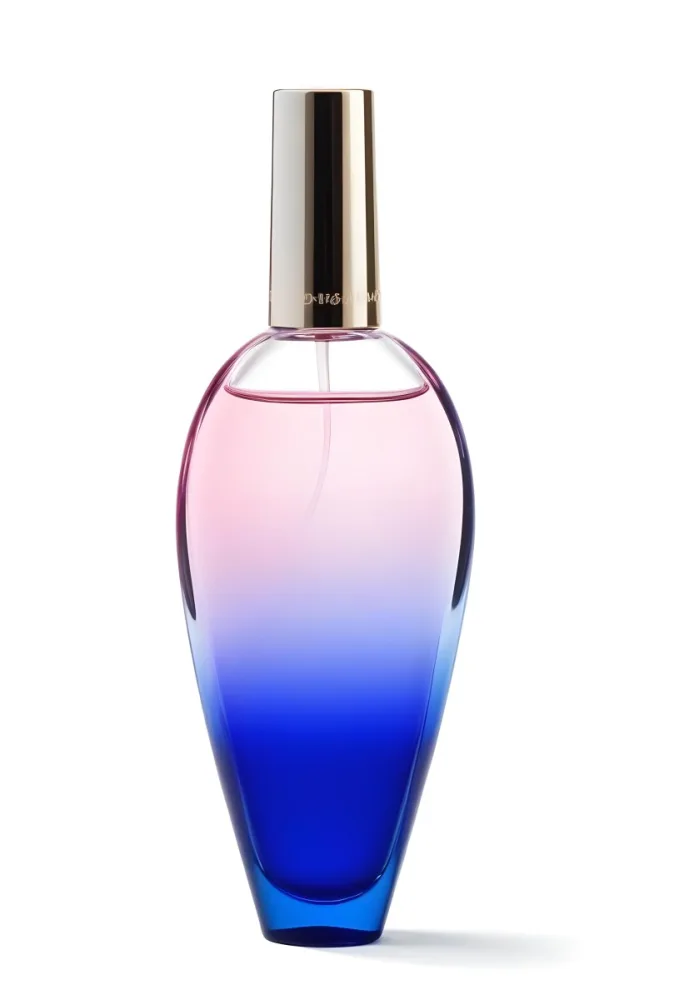 A Perfume Bottle With A Gradient From Pink To Blue White Cap On A White Background 7 C388