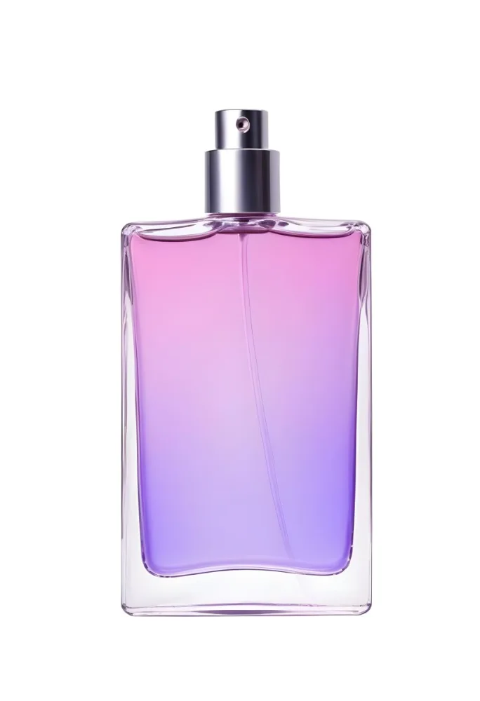 A Perfume Bottle With A Gradient Of Pink And Purple Liquid Inside Purple Cap Isolated On A White Background 30 25f6