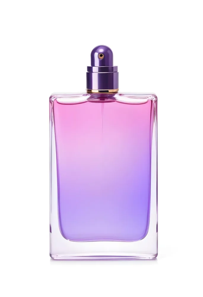 A Perfume Bottle With A Gradient Of Pink And Purple Liquid Inside Purple Cap Isolated On A White Background 6 9c06