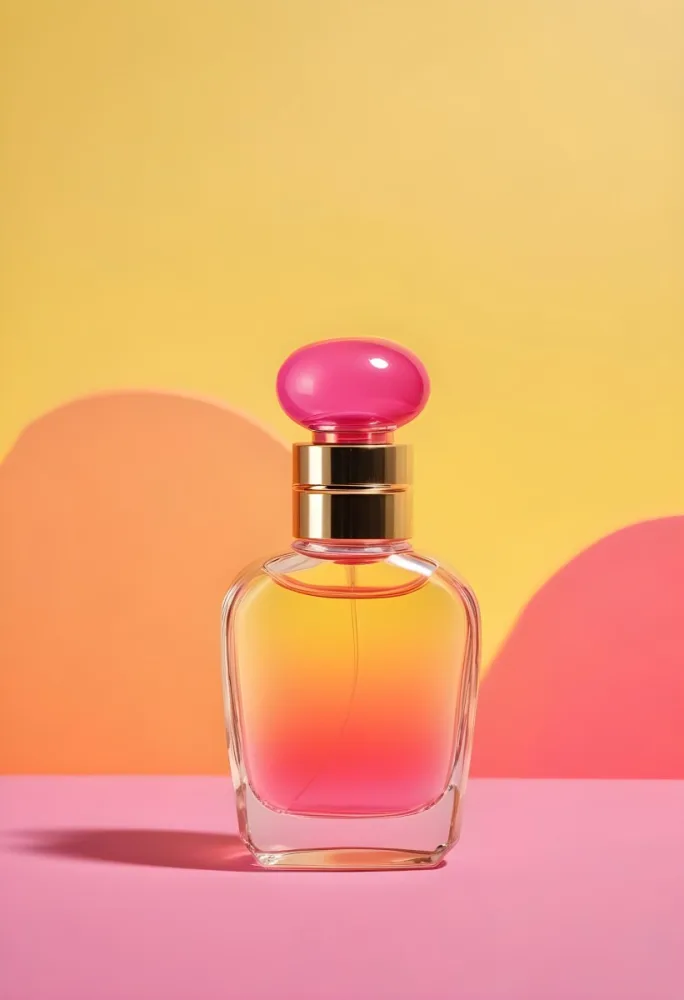 A Perfume Bottle With A Pink Cap The Liquid Inside Is Yellow Gradient Yellow And Pink Background 18 633c