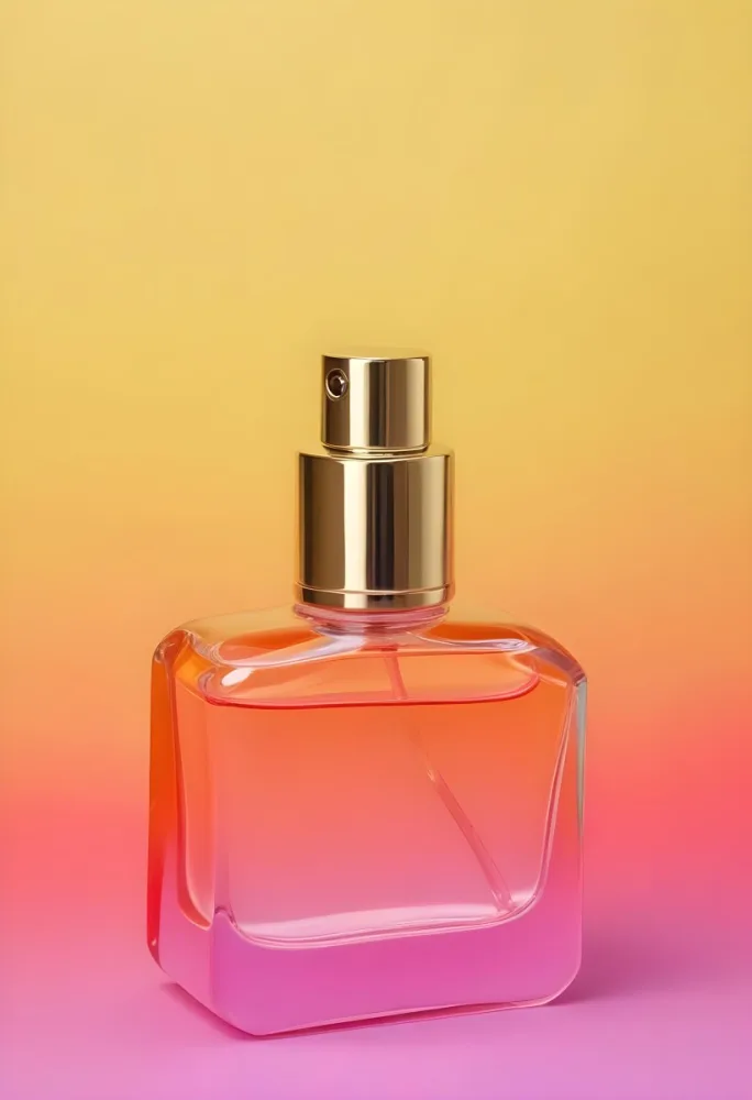 A Perfume Bottle With A Pink Cap The Liquid Inside Is Yellow Gradient Yellow And Pink Background 25 F741