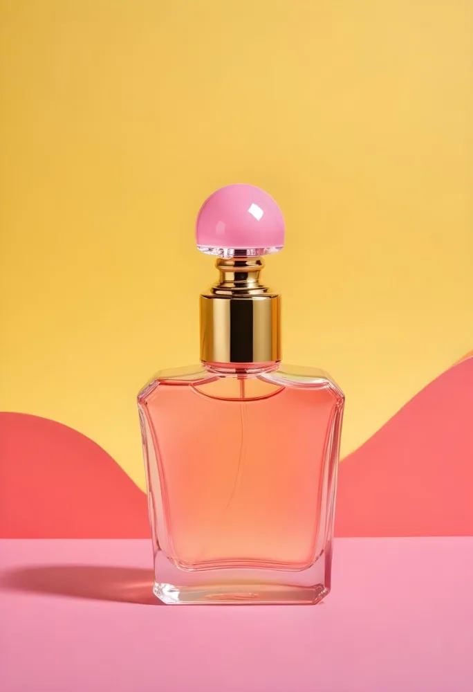 A Perfume Bottle With A Pink Cap The Liquid Inside Is Yellow Gradient Yellow And Pink Background 3 1c3a