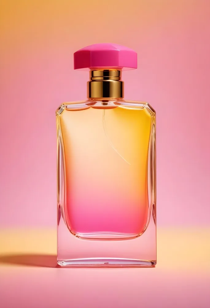 A Perfume Bottle With A Pink Cap The Liquid Inside Is Yellow Gradient Yellow And Pink Background 9 7faa