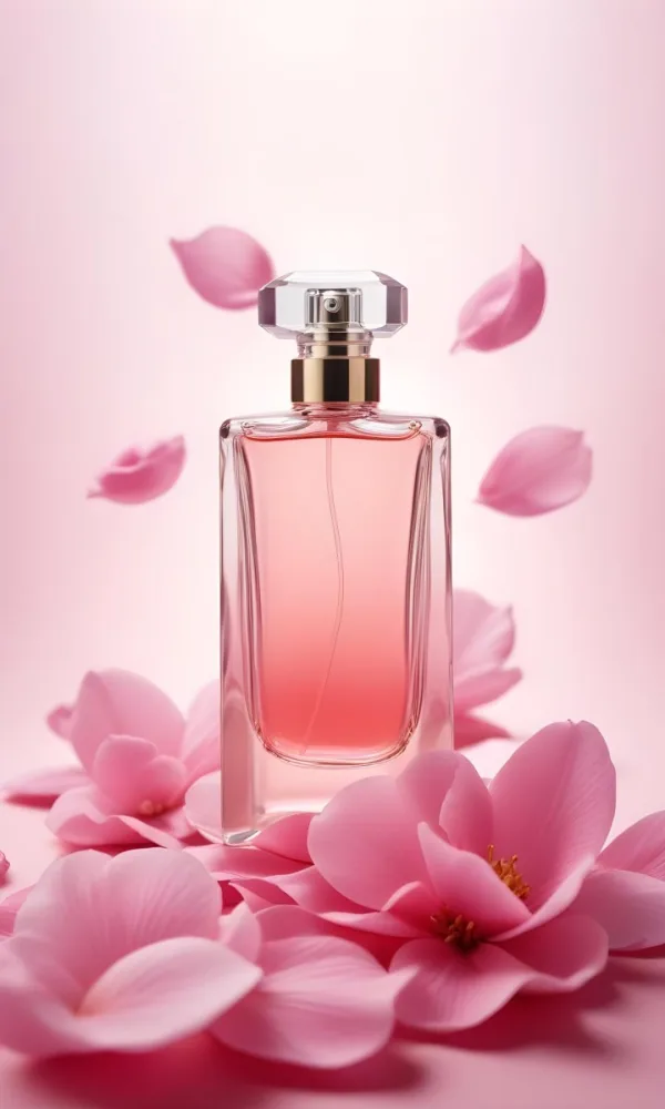 A Perfume Bottle With A Pink Liquid Inside Surrounded By Pink Petals On A Pink Background Product Photography Studio Shot Commercial High Resolution 12 1ab4