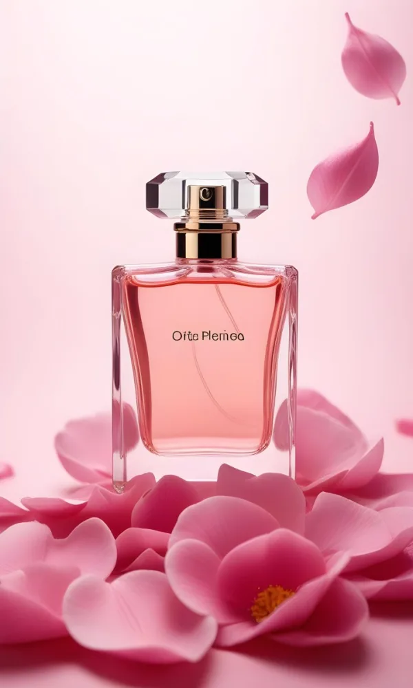 A Perfume Bottle With A Pink Liquid Inside Surrounded By Pink Petals On A Pink Background Product Photography Studio Shot Commercial High Resolution 15 F502 58f7