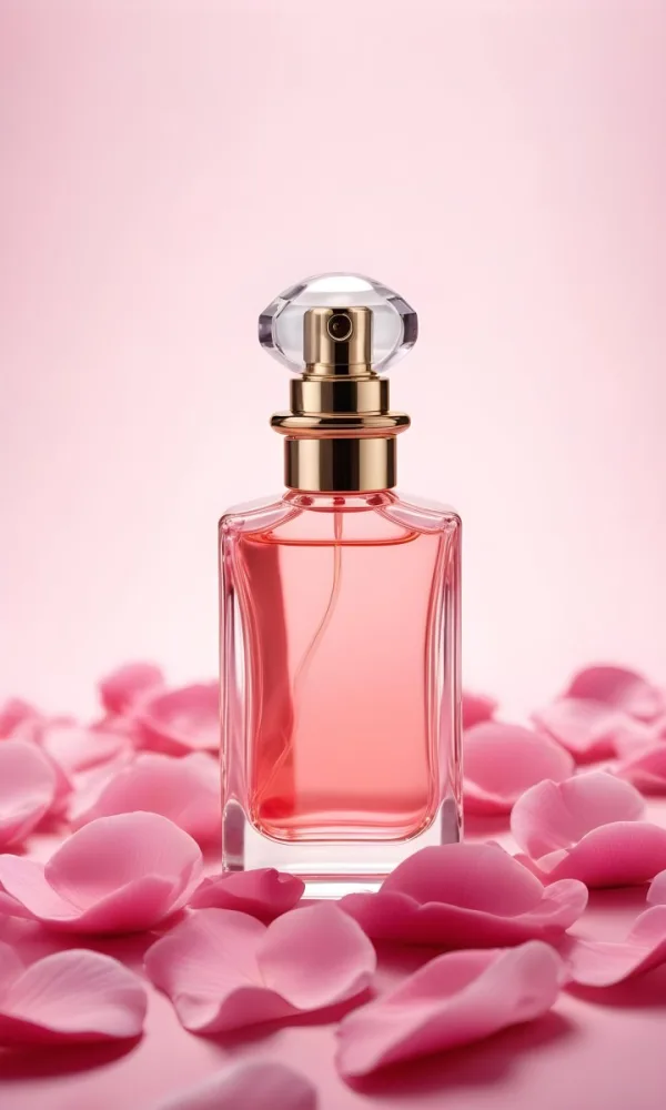 A Perfume Bottle With A Pink Liquid Inside Surrounded By Pink Petals On A Pink Background Product Photography Studio Shot Commercial High Resolution 24 Ccac