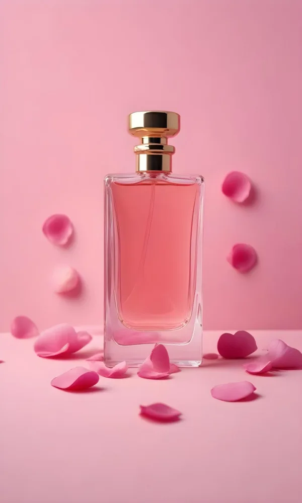 A Perfume Bottle With A Pink Liquid Inside Surrounded By Pink Petals On A Pink Background Product Photography Studio Shot Commercial High Resolution 3 174c