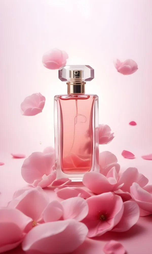 A Perfume Bottle With A Pink Liquid Inside Surrounded By Pink Petals On A Pink Background Product Photography Studio Shot Commercial High Resolution 30 2afd
