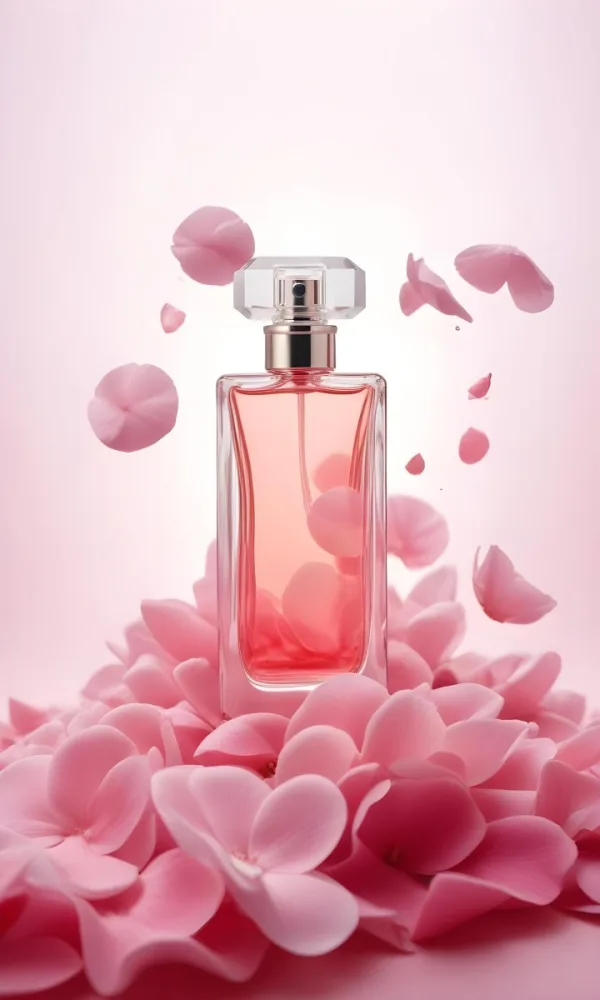 A Perfume Bottle With A Pink Liquid Inside Surrounded By Pink Petals On A Pink Background Product Photography Studio Shot Commercial High Resolution 32 D825