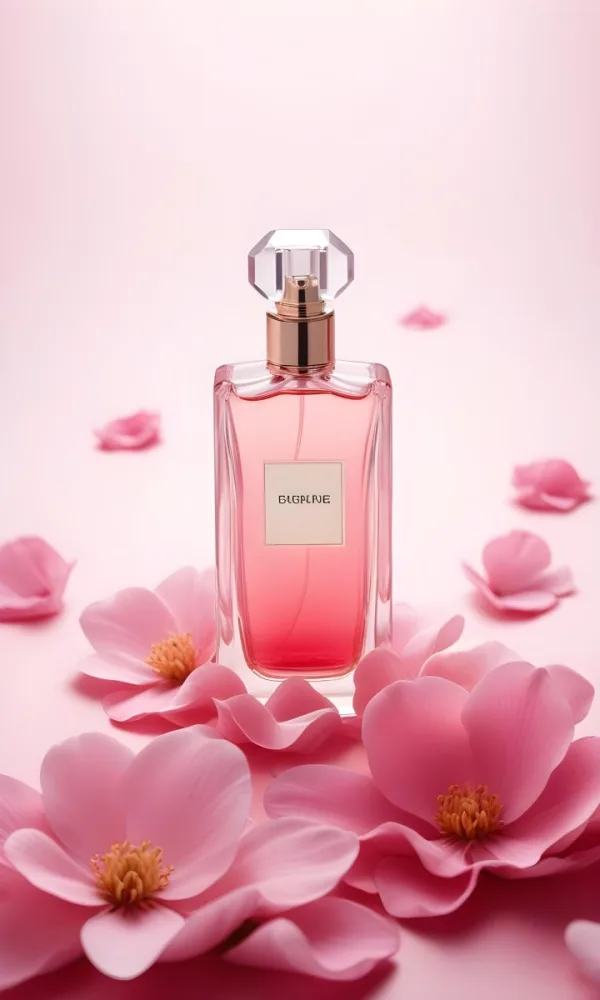 A Perfume Bottle With A Pink Liquid Inside Surrounded By Pink Petals On A Pink Background Product Photography Studio Shot Commercial High Resolution 34 0668