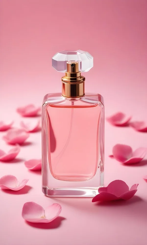 A Perfume Bottle With A Pink Liquid Inside Surrounded By Pink Petals On A Pink Background Product Photography Studio Shot Commercial High Resolution 7 5a73