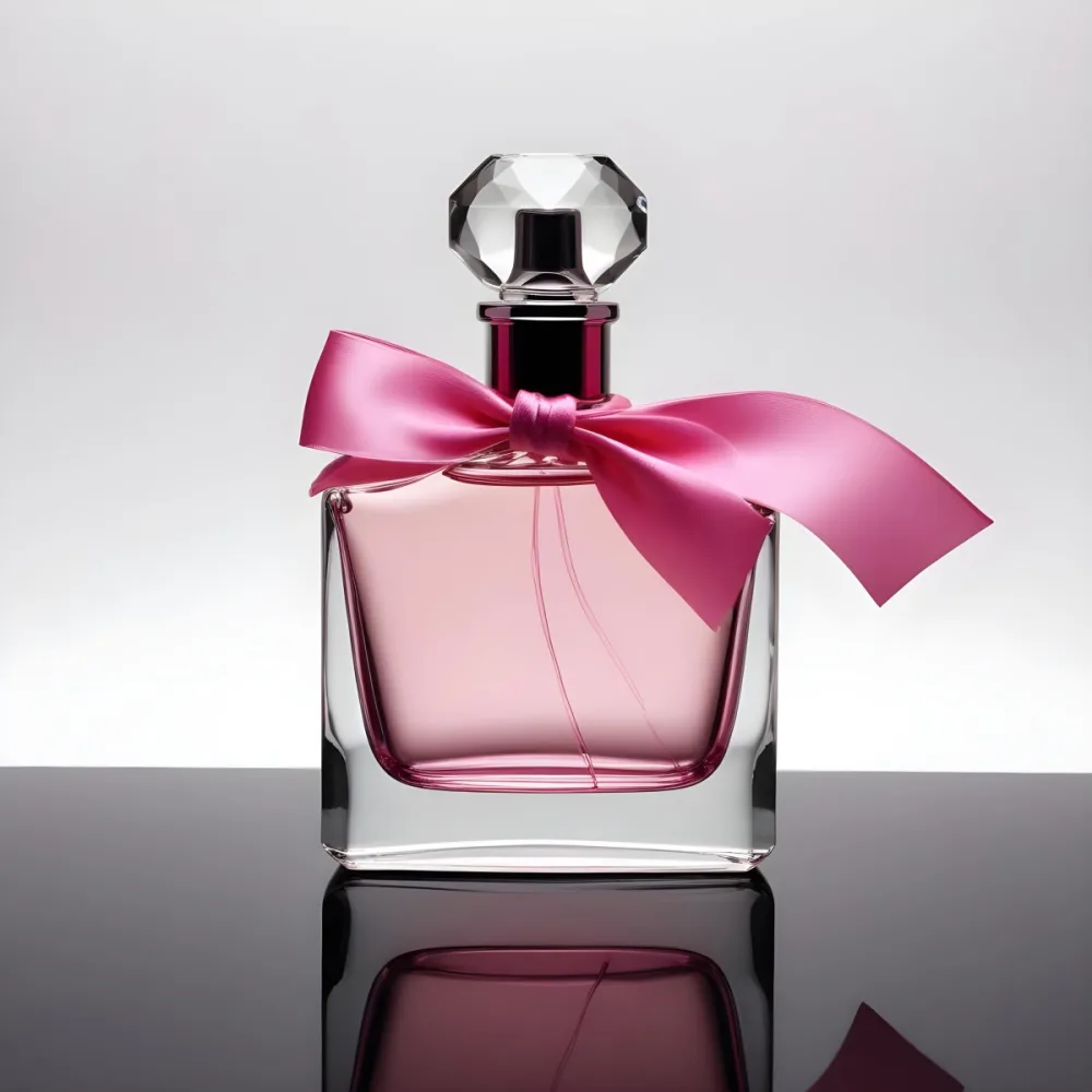 A Perfume Bottle With A Pink Liquid Inside With A Bow On The Neck On A White Surface And A Black Background 5 0dd3
