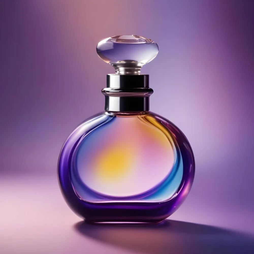 A Perfume Bottle With A Round Body And A Clear Glass Stopper The Bottle Has A Gradient Of Purple Blue And Yellow Colors Blurred Purple Background 10 4973