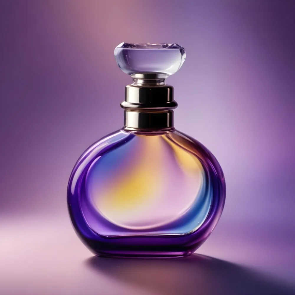 A Perfume Bottle With A Round Body And A Clear Glass Stopper The Bottle Has A Gradient Of Purple Blue And Yellow Colors Blurred Purple Background 12 4cf7