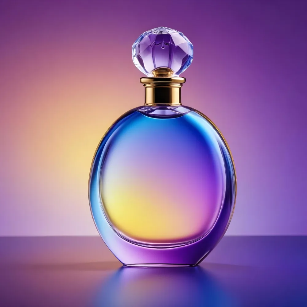 A Perfume Bottle With A Round Body And A Clear Glass Stopper The Bottle Has A Gradient Of Purple Blue And Yellow Colors Blurred Purple Background 13 539c