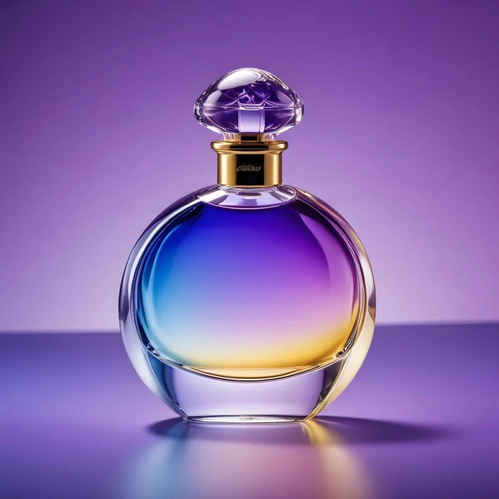 A Perfume Bottle With A Round Body And A Clear Glass Stopper The Bottle Has A Gradient Of Purple Blue And Yellow Colors Blurred Purple Background 17 2edf