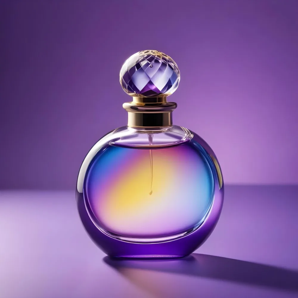 A Perfume Bottle With A Round Body And A Clear Glass Stopper The Bottle Has A Gradient Of Purple Blue And Yellow Colors Blurred Purple Background 27 1893