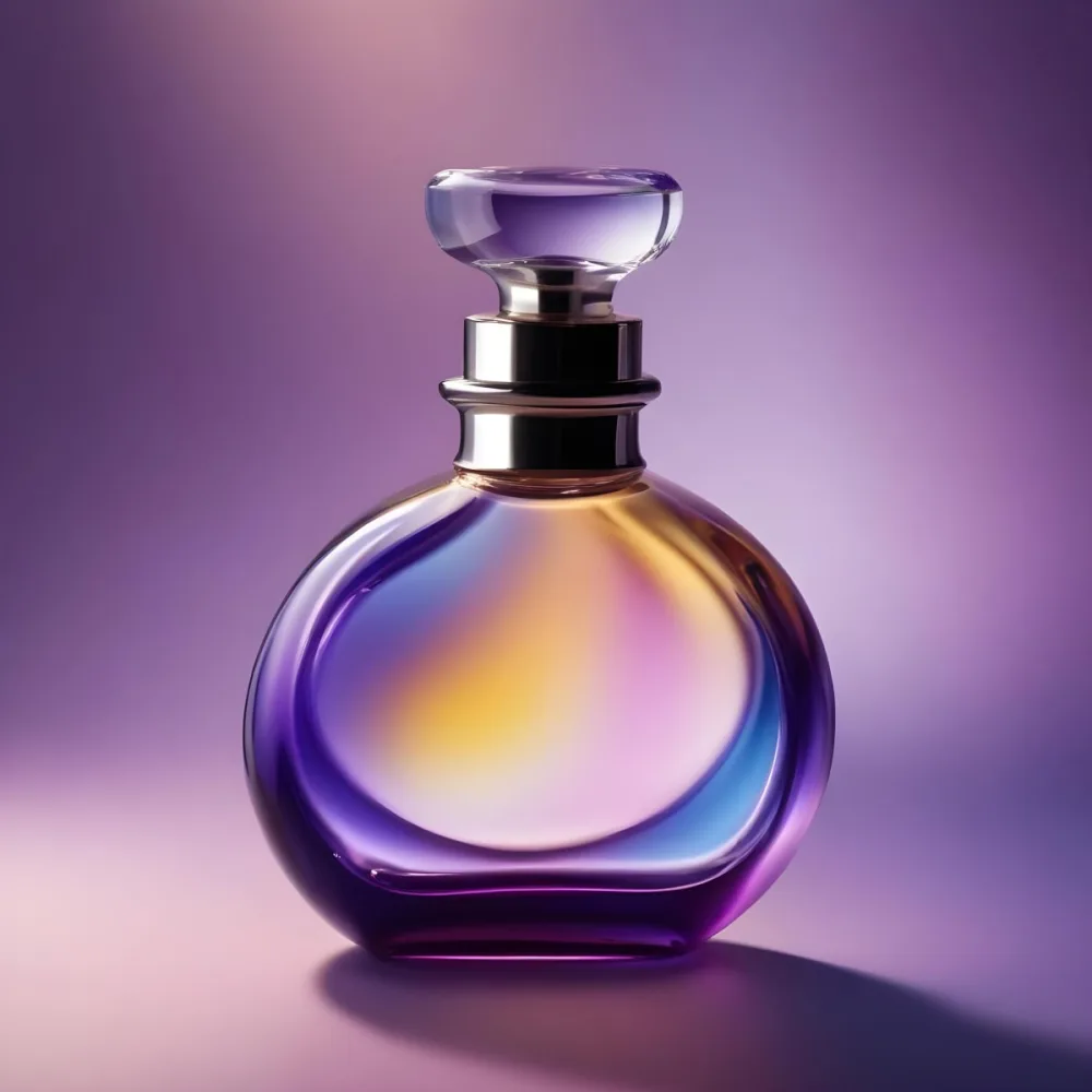 A Perfume Bottle With A Round Body And A Clear Glass Stopper The Bottle Has A Gradient Of Purple Blue And Yellow Colors Blurred Purple Background 4 A37f