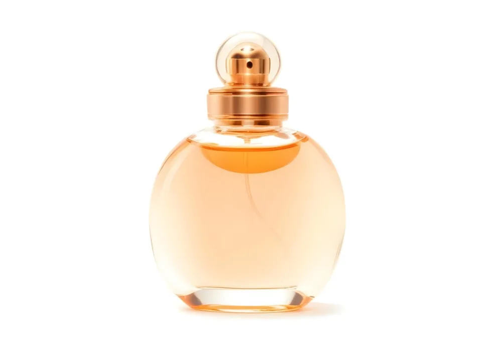 A Perfume Bottle With A Round Body And A Spherical Cap Filled With A Light Orange Liquid On A White Background 16 3a24
